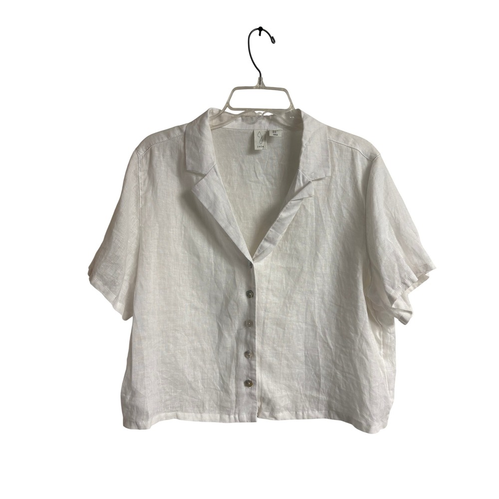 Joie White Linen Button Front Boxy Blouse XL Short Sleeve Coastal Quiet Luxury